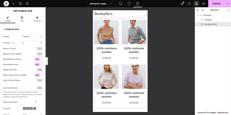 product grid widget settings