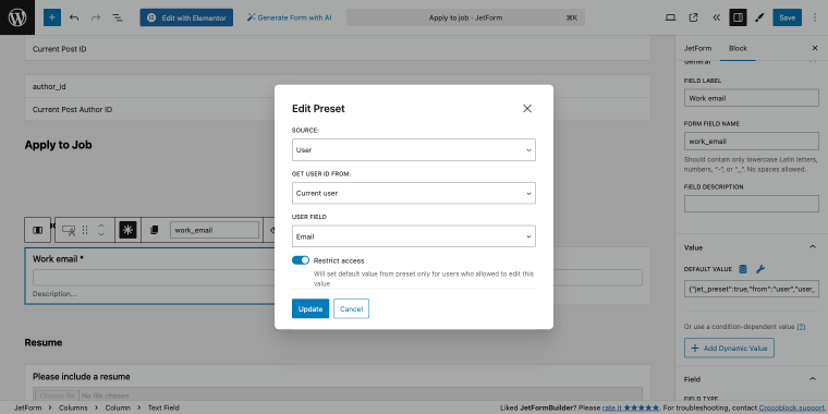 user email field default value