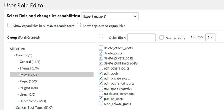 user role settings for expert