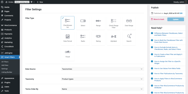 checkboxes list filter