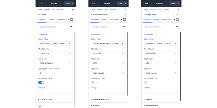 search checkboxes and range filter settings