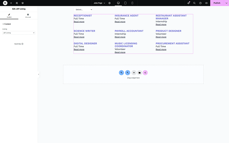 JSF Listing widget added to the page