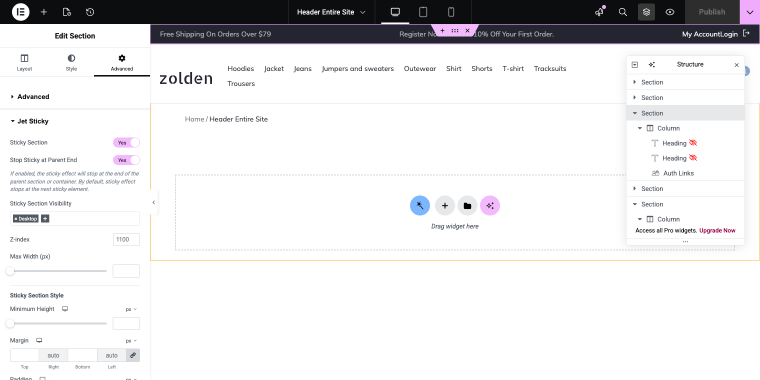 enabling sticky section