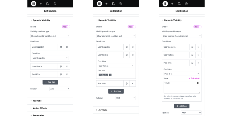 setting multiple visibility conditions in elementor