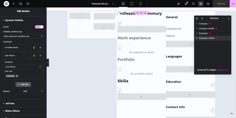 personal info template dynamic visibility