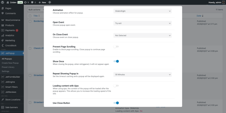 pop-up settings