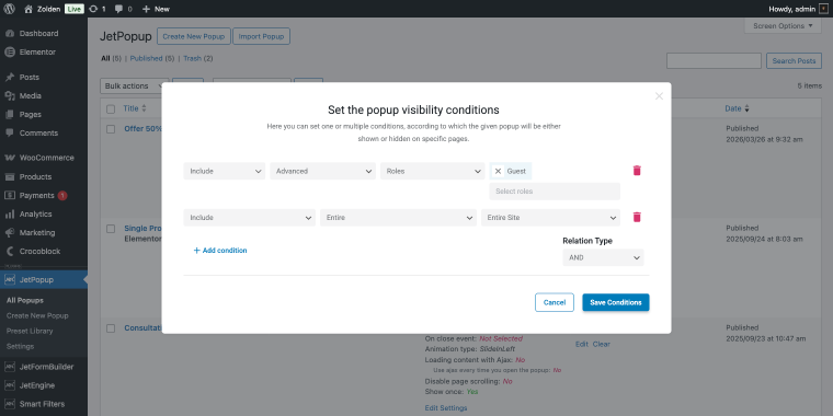 setting popup conditions