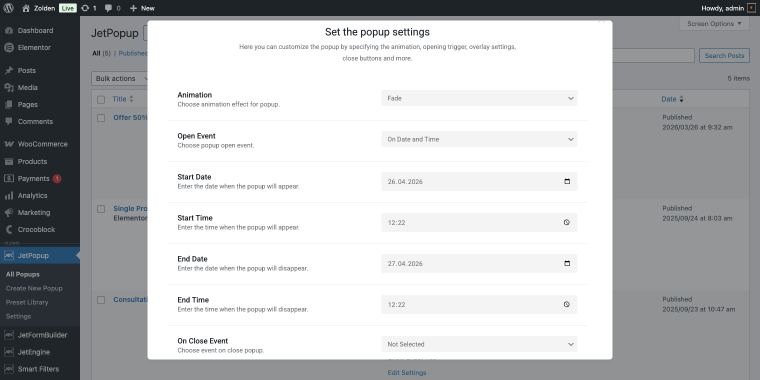 popup settings dates trigger