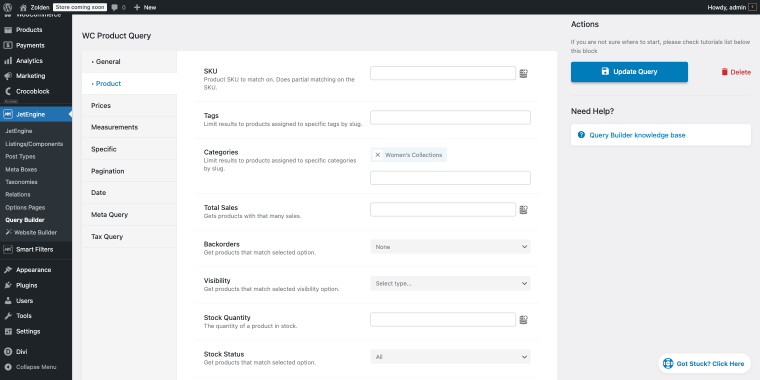 WC Product Query settings