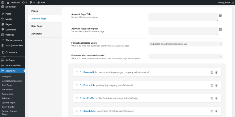 account page tab profile builder
