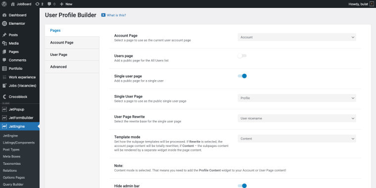 pages tab profile builder