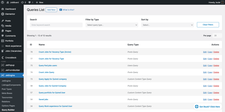 job board template queries list