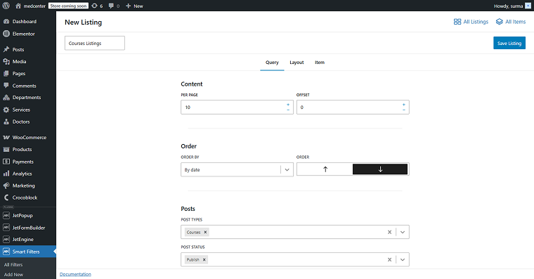 query settings tab in listing builder