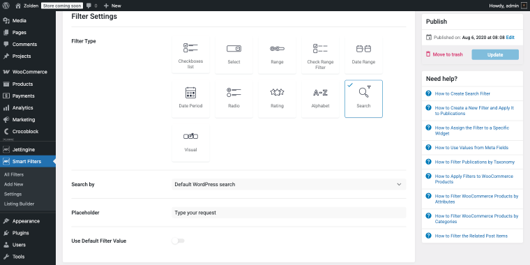 search filter settings