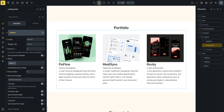 listing grid widget settings