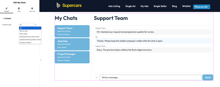 My Chats widget settings JetMessenger