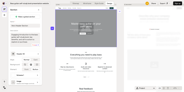 generating a book presentation website with Relume