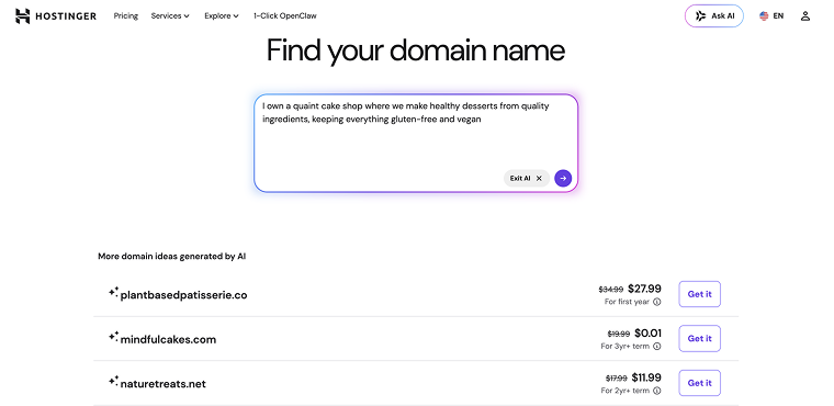 how Hostinger AI domain name generator works
