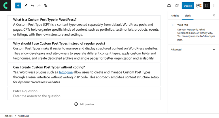 yoast faq block on the backend