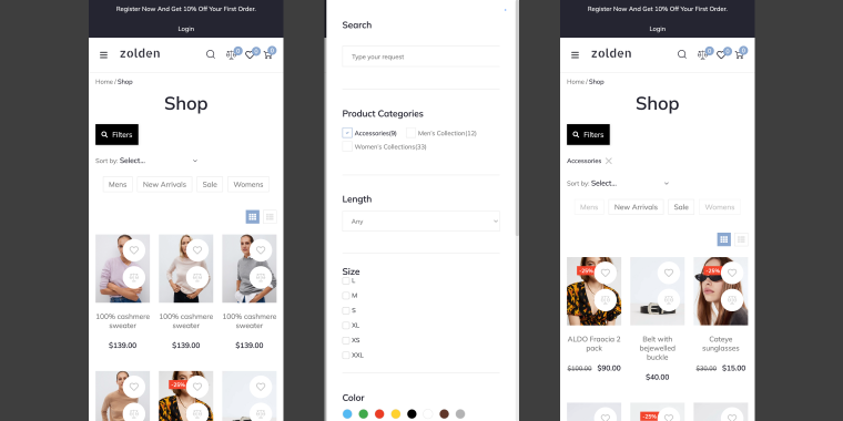 hamburger panel button filter panel and results screen