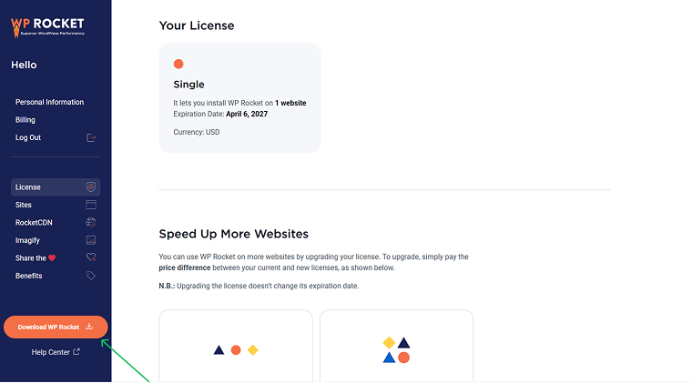 download WP Rocket button