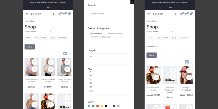 pop-up with filters for the products feed