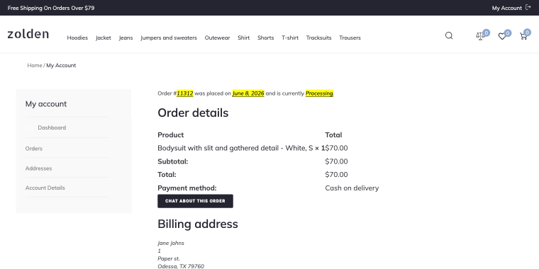 chat about this order button in order details