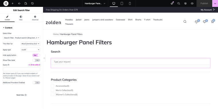 hamburger panel filters section editing