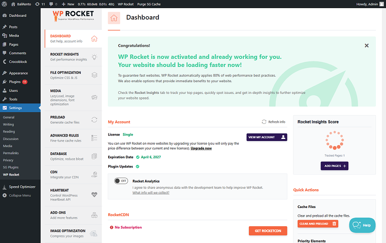wp rocket dashboard