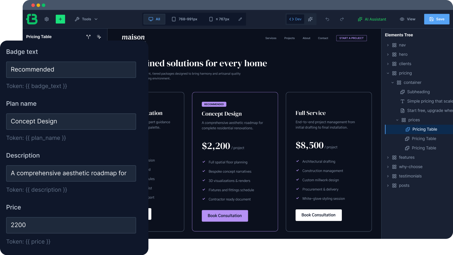 CrocoBuilder Component Properties panel controls
