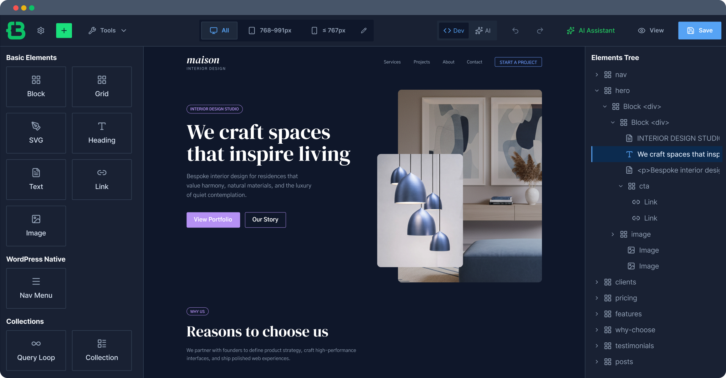 CrocoBuilder WordPress frontend builder showing atomic DOM structure