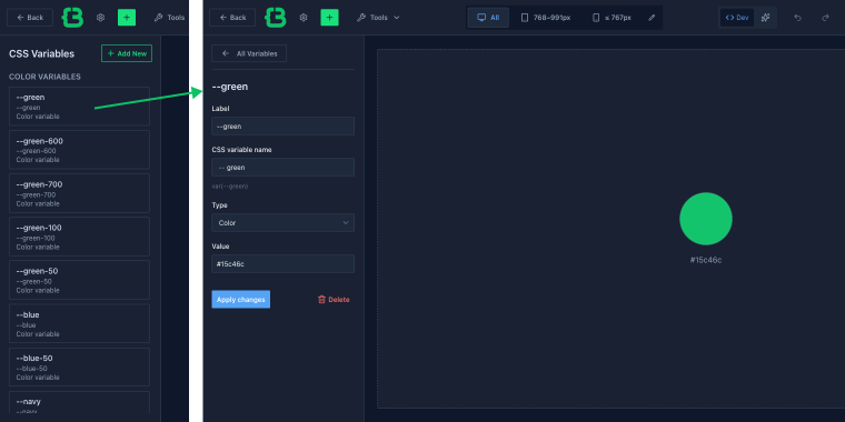CSS variables manager interface