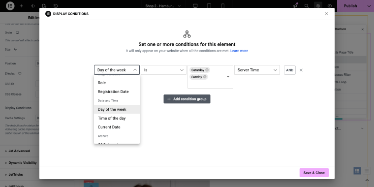 choosing the days of the week condition in Elementor Pro