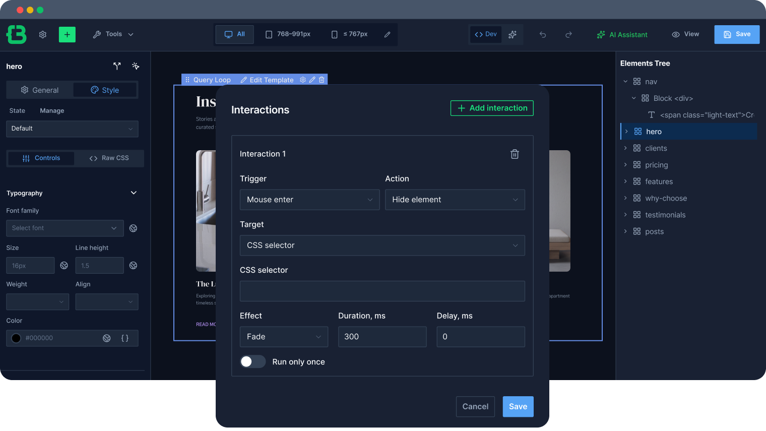 Interactions panel showing trigger and action settings