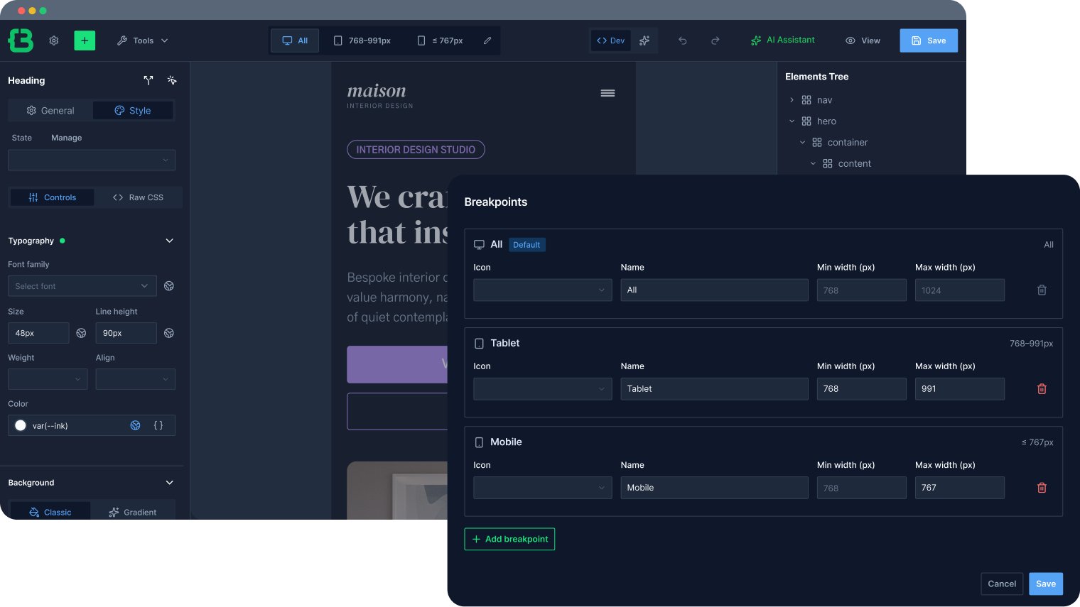 Mobile Breakpoints Manager interface