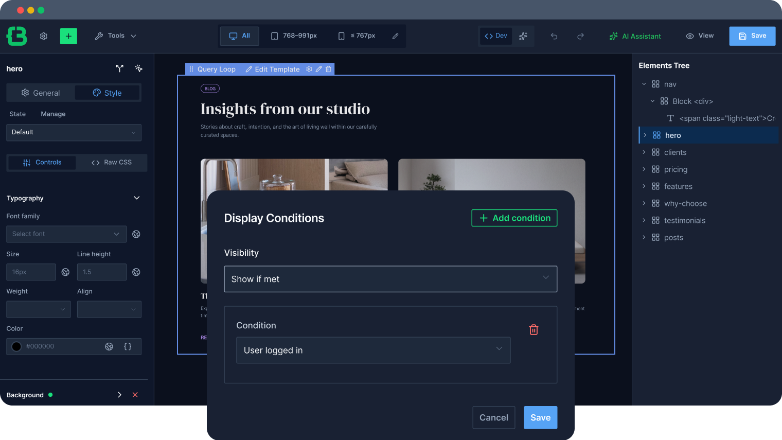 Visibility Conditions settings panel