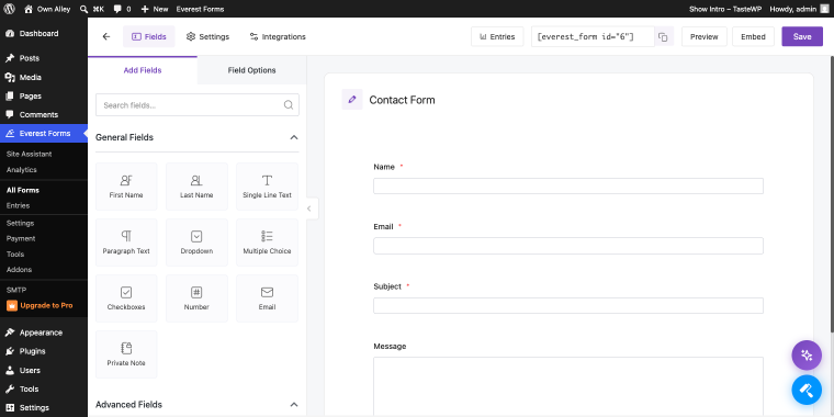 Everest Forms WordPress form editor